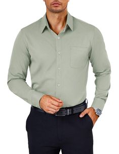 PRICES MAY VARY. WRINKLE-FREE FABRIC: Our mens dress shirts are made of premium fabric that is silky, soft, breathable, lightweight, wrinkle-resistant. No more frequent ironing required, so you can focus on your work CLASSIC DESIGN: This wrinkle free dress shirt is featured with spread collar, long sleeves, slim fit, button closure, adjustable cuff, chest pocket, giving you a crisp neat look. Designed for the modern man, this shirt combines style, comfort, and practicality, making it a must-have Sage Green Button Up, Mens Business Dress, Long Sleeve Dress Shirts, Business Dress Shirts, Shirt Wrinkles, Mens Dress Shirts, Free Dress, Business Shirt, Silk Shirt Dress