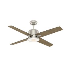 a ceiling fan with two wooden blades and a light on the bottom one is white