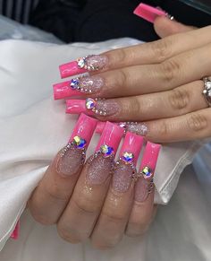 2000s Nails, Long Square Acrylic Nails, Pink Acrylic, Pink Acrylics, Square Acrylic Nails, Stick On Nails, Y2k 2000s, Pink Nails