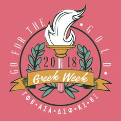 the greek week logo with laurels and an olive branch on it, against a pink background