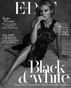 a black and white photo of a woman on the cover of a magazine with her legs crossed