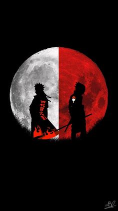 two people standing next to each other in front of a full moon with the same color scheme