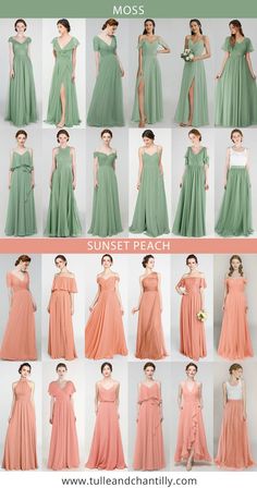 different types of bridesmaid dresses in various styles and colors, including pink, green,