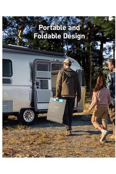 a man and woman walking next to an rv with the words portable and foldable design