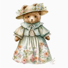 a painting of a teddy bear dressed in a dress and hat with flowers on it