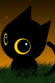 a black cat with yellow eyes sitting in the grass at night, looking to its left