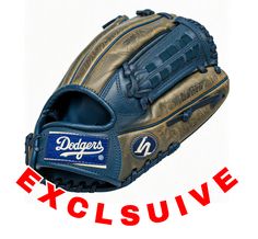 a blue and gold baseball glove with the dodgers logo on it's left side