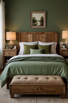 a bedroom with green walls and white bedding, wooden headboard and foot board