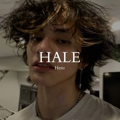 a young man with long hair standing in front of a computer screen that reads hale hero