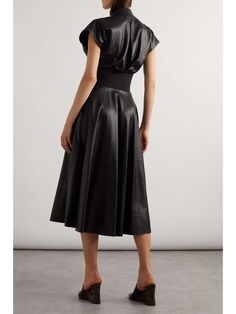 ALAÏA Archetypes belted leather midi dress | NET-A-PORTER Black Leather Dress, Leather Midi Dress, Black Leather Dresses, Classic Feminine, Edgy Chic, Midi Cocktail Dress, Capped Sleeves, Cotton Midi Dress, Chic Clothing