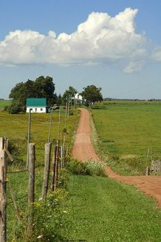 a dirt road runs along the side of a grassy field with a white house in the distance