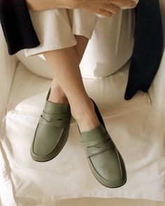 Fez Loafer - Sage – Yuni Buffa Womens Penny Loafers, Formal Loafers, Penny Loafer, Tuscany Italy, Goat Leather, Penny Loafers, Nappa Leather, Leather Slip Ons, Lambskin Leather