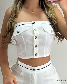 Lasaky - Bandeau Crop Top with Tape Patch Detailing, Paired with Pocket Design Shorts Set Casual White High Waist Sets, White Cropped Sets For Vacation, White Cropped Vacation Sets, Bandeau Crop Top, Future Outfit, Chic Type, Vest Coat, Shorts Set, Fashion Sewing