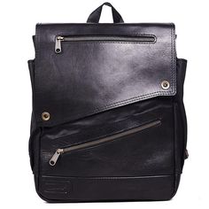 a black leather backpack with zippers on the front