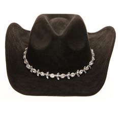 Faux sueded western hat with teardrop crown. Sharp up turned side brim, 3.5" wide. Stunning rhinestone floral band. Underwelt brim. Drawstring to reduce size. Faux suede is a smooth synthetic material that feels like suede to the touch. 100% polyester. Adjustable Western Style Party Jewelry, Adjustable Western Style Jewelry For Parties, Adjustable Western Jewelry For Party, Adjustable Rhinestone Hat Bands For Festivals, Elegant Rhinestone Hats For Country Events, Brimmed Hats With Rhinestones For Country Events, Western Hat Band With Rhinestones For Country Events, Western Hat Bands With Rhinestones For Rodeo, Country Style Rhinestone Hats For Rodeo