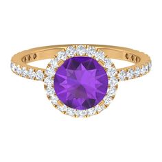 Classic Round Amethyst Engagement Ring with Moissanite Halo Amethyst - ( AAA ) - Quality - Rosec Jewels Formal Birthstone Ring With Halo And Round Cut, Classic Purple Diamond Ring With Halo Setting, Purple Diamond Ring With Halo Setting And Round Cut, Round Amethyst Diamond Ring, Wedding Yellow Gold Amethyst Ring With Halo Setting, Classic Amethyst Diamond Ring With Halo Setting, Amethyst Ring With Brilliant Cut Cubic Zirconia, Yellow Gold Amethyst Ring With Halo Setting For Promise, Amethyst Ring With Brilliant Cut For Anniversary