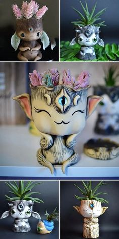 four different pictures of plants in pots with faces and hands painted on them, including one planter that looks like an alien