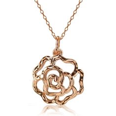 This attractive necklace is the perfect addition to any jewelry and accessories collection. This necklace showcases a high polished filigree rose flower, made entirely of rose gold flashed .925 sterling silver. The pendant hangs from a 18 inch rolo chain and secures with a spring-ring clasp. Product Details Metal Type rose-gold-flashed-silver Metal Stamp 925-sterling Weight 2.3GR Length 18IN Width 23MM Height 23MM Clasp Type spring-ring Chain Type rolo Chain Length 18 Big Necklace, Flower Pendant Necklace, Accessories Collection, Rolo Chain, Flower Pendant, Gold Charm, Spring Rings, Charm Jewelry, Rose Flower