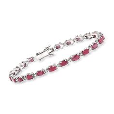 Ross-Simons - 9.45ct t. w. Ruby Bracelet, Diamond Accents in Silver. 8.25". An RS exclusive. Fabulously affordable and full of color, this robust gemstone bracelet showcases 9.45 ct. t. w. oval rubies and diamond accents in polished sterling silver. Double-latch safety. Box clasp, ruby bracelet. Ruby birthstones are the perfect gift for July birthdays. Safety Box, Ruby Birthstone, Ruby Bracelet, Bracelet Diamond, Box Clasp, Ruby Stone, Fine Jewelry Bracelets, Diamond Bracelets, Bracelets And Charms