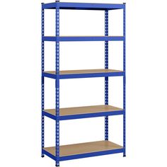 an image of a blue shelving unit with three shelves on each side and one shelf below