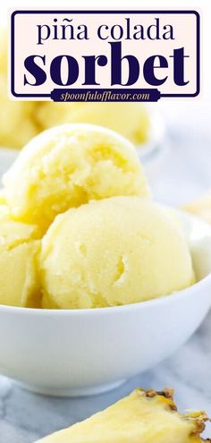 This Pina Colada Sorbet is a frozen treat made with fresh pineapple, coconut milk, lime juice, and dark rum. Add this easy to make a sweet treat to your favorite summer dessert recipes. Save this pin! Pina Colada Ice Cream, Homemade Pina Colada, Homemade Sorbet, Coconut Sorbet, Sorbet Is, Pineapple And Coconut