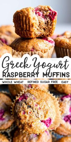 greek yogurt raspberry muffins stacked on top of each other