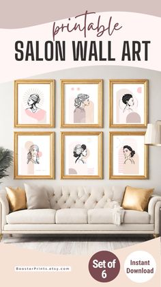 a living room with pictures on the wall and text overlay that reads printable salon wall art set of 6