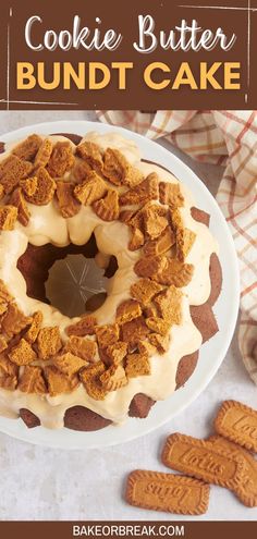 a cookie butter bundt cake on a white plate