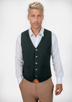 Generated by OnModel Classic Green Vest For Winter, Formal Cotton Vest For Fall, Casual Tailored Green Outerwear, Fitted Green Vest For Fall, Dark Green Vest Outfit Men, Green Wool Casual Tops, Casual Green Wool Tops, Green Sleeveless Vest For Workwear, Tailored Cotton Vest For Fall