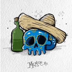 a blue skull with a hat next to a bottle