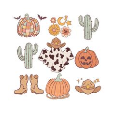 halloween stickers with pumpkins, cacti and other decorations