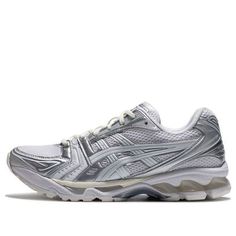 the asics running shoe in white and silver