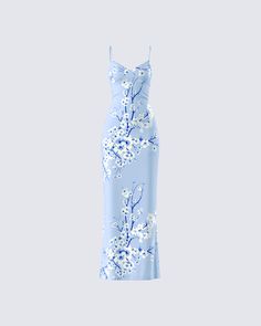 Watch yourself blossom in this blue floral print maxi dress 💙 Crafted from stretch jersey, this gorgeous piece features adjustable straps and a bodycon fit, creating an elegant and eye catching look ✨ Light Blue Fitted Maxi Dress With Spaghetti Straps, Floral Print Bodycon Dress With Spaghetti Straps, Spring V-neck Maxi Dress, Chic Spaghetti Strap Floral Bodycon Dress, Chic Spaghetti Straps Bodycon Dress With Floral Print, Chic Floral Print Bodycon Dress With Spaghetti Straps, Summer Evening Floral Print Bodycon Dress, Fitted Blue Maxi Dress With Floral Print, Summer Maxi Length Bodycon Dress