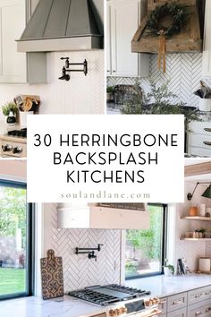 the kitchen is decorated with white cabinets and herringbone backsplashs that are accented with greenery