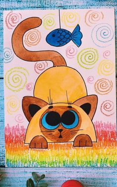 a drawing of a cat with sunglasses on it's face and a fish in the background