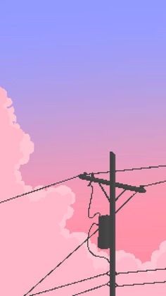 the sky is pink and blue with some power lines in front of it that are connected to telephone poles