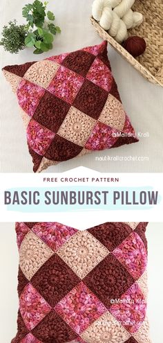 a crocheted pillow with the words basic sunburst pillow on it