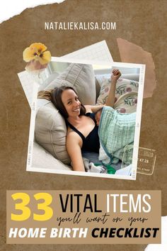 a woman laying on top of a couch with the words 33 vital items you'll want