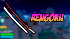 two swords with the words rengoku written on them in front of a cityscape