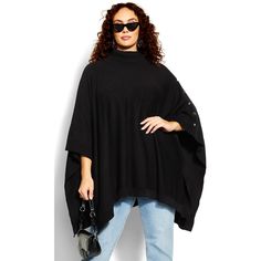 Ditch the coat and make a statement in the Emilia Cape! This edgy outerwear piece is perfect for those chilly days or nights when you want to show off your style. The turtleneck design keeps you warm, while the cape sleeves and handkerchief hem add a touch of drama. The silver button detailing on one side is both unique and chic. Made from a soft knit fabrication, this cape is sure to keep you comfortable all day or night long. Bold and fiercely fashionable, no one does plus size fashion like Ci Trendy Outerwear, High Rise Denim Jeans, Knitted Cape, Transition Outfits, Silver Button, Cape Sleeves, Handkerchief Hem, Chic Woman, City Chic