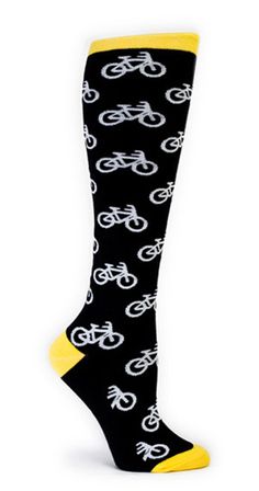 black and yellow socks with bicycles on them