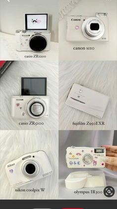 an advertisement for a camera with different pictures on the front and back side, including two cameras