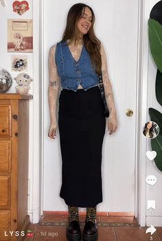 Mac Demarco Concert Outfit, Midi Skirt With Docs, Midi Skirt With Doc Martens, Indie Gig Outfit, Doc Martens Midi Skirt, Denim Midi Skirt Doc Martens, Midsize Whimsigoth, Lace Undershirt, Gig Outfit