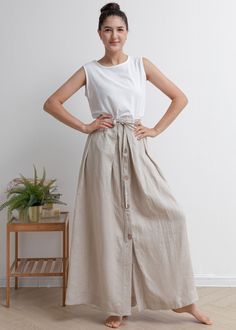 Beige Long Skirt With Buttons, Beige Buttoned Long Skirt, Beige Linen Bottoms With Buttons, Summer Linen Skirt With Button Closure, Casual Linen Skirt With Button Closure, Spring Linen Skirt With Buttons, Relaxed Linen Skirt With Button Closure, Custom Skirt, Linen Maxi Skirt