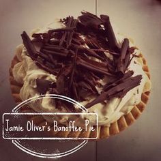 there is a pie with whipped cream and chocolate on top that says jamie olive's banoffee pie