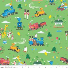 children's wallpaper with trains and animals on green background, from the collection