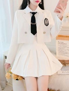 White Skirt For School In Fall, White School Uniform Sets, Fitted White Outerwear For School, Preppy White Fitted Outerwear, White Fitted Preppy Outerwear, Blazer Skirt Set, Blazer And Skirt Set, Female Shorts, Professional Wear