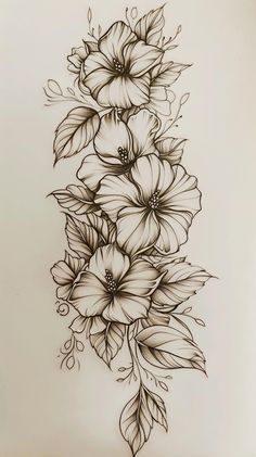 a drawing of flowers with leaves on the side