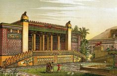 an old drawing of a house in the middle of egypt with people standing around it