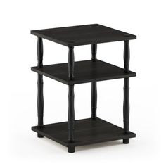 three tiered end table with black painted wood and dark stained finish, on an isolated white background